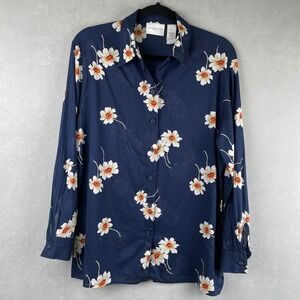 Vtg Liz Claiborne Lizsport Blue Daisy Floral Cotton Button Down Cottage Shirt M